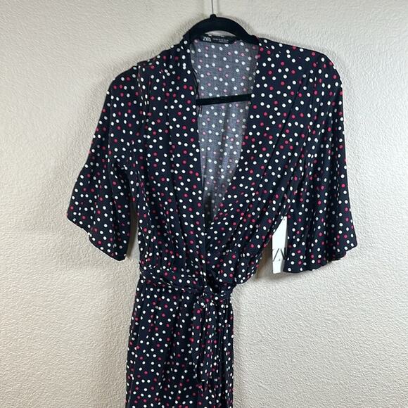 Zara Polka Dot Wrap Midi Maxi Long Dress Size XSmall Blue Red - Picture 6 of 8
